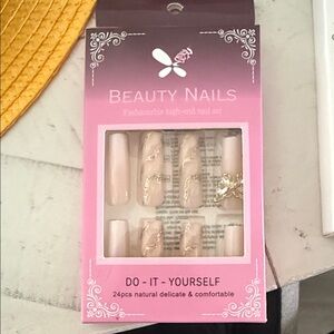 Nude beige gold glitter butterfly nail long set